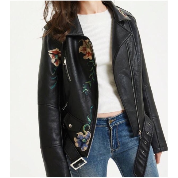 Luxe Floral Embroidered Vegan Leather Zip up Moto Jacket - Picture 4 of 10